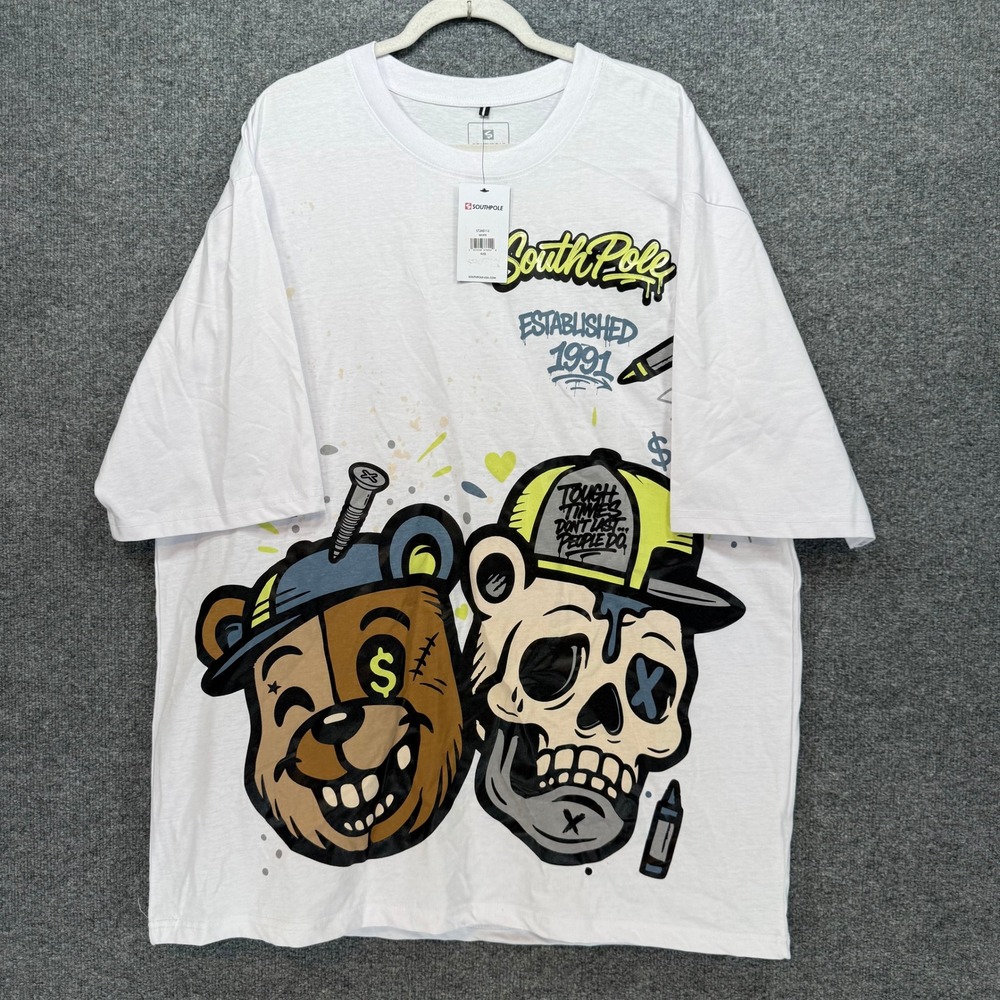 Southpole Tshirt Mens 4XB White Bear Skull Streetwear Hip Hop Y2K Shirt NEW